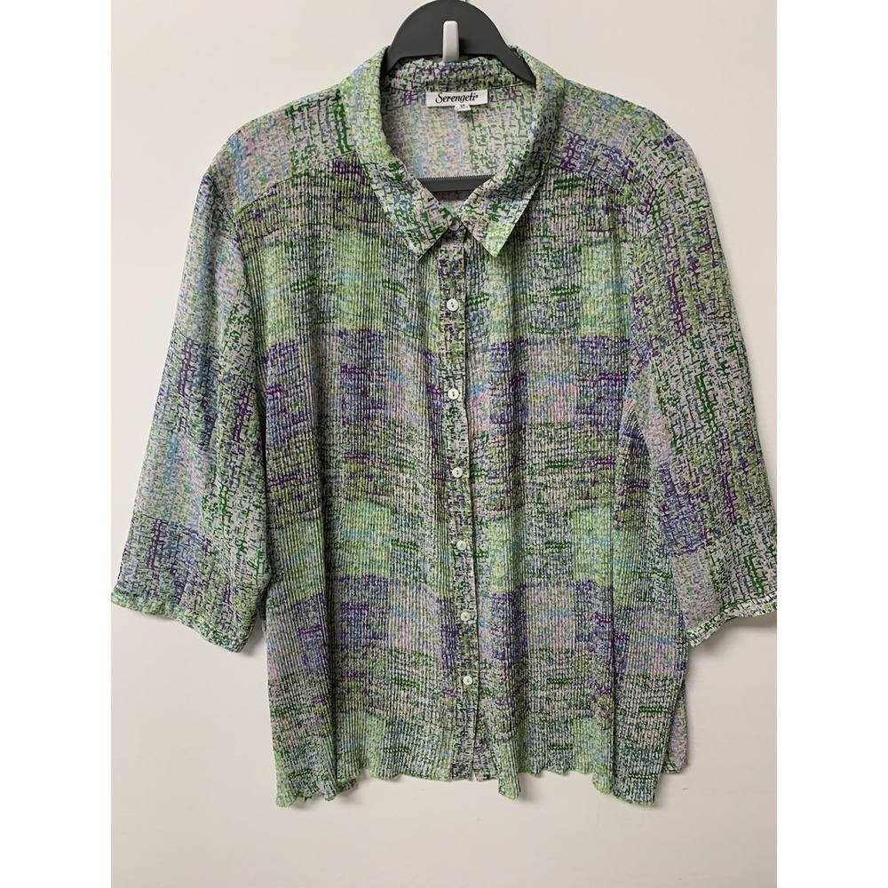 Serengeti Button Shirt 2X Green Purple Tunic Artsy Floral Whimsical Lightweight